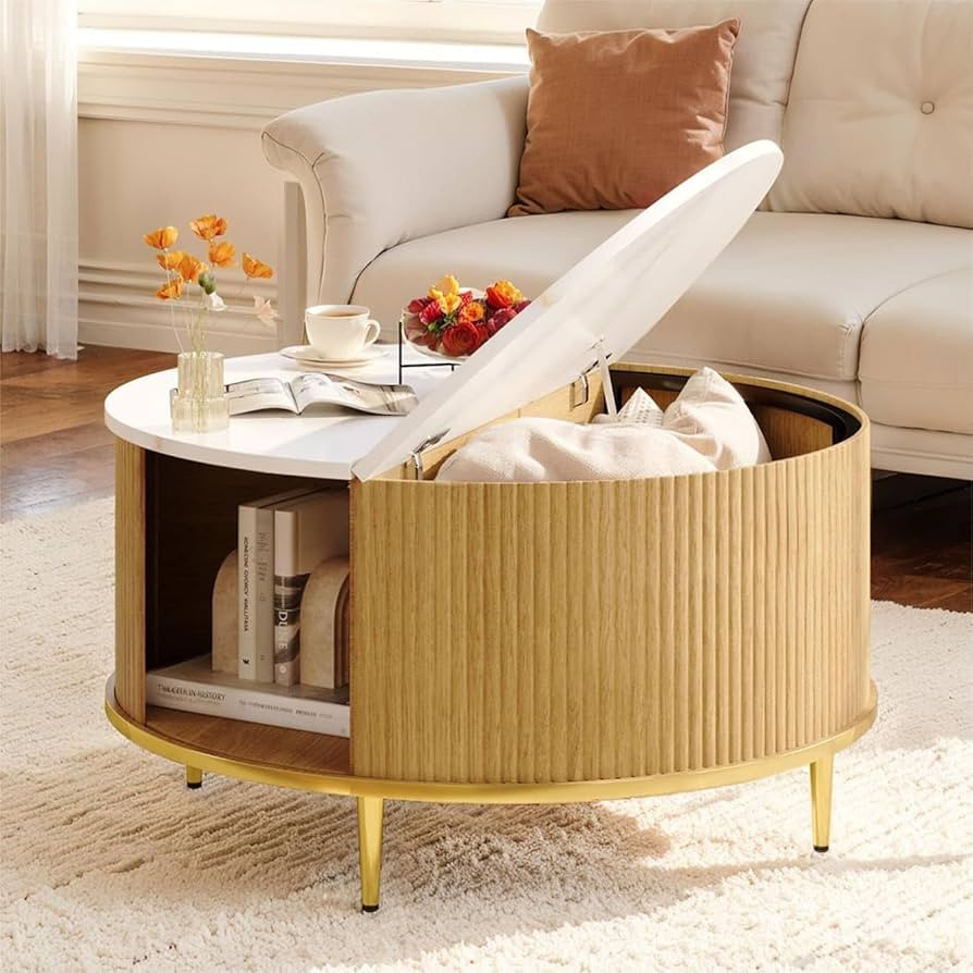 Round Coffee Table for Living Room, 31.5" Modern Oak Fluted Coffee Table with Storage, Small Coff... | Amazon (US)