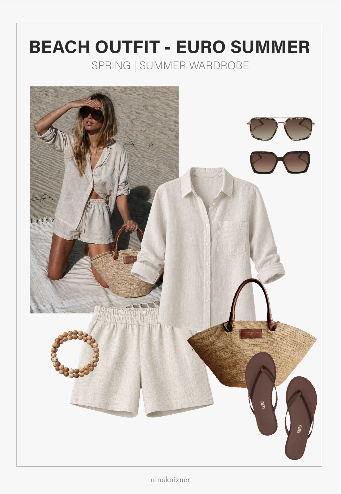 Beige linen set styled for the beach. This is the perfect minimalist linen set that you will love and wear all the time.

I have the short sleeve version of this set. The linen material and the drawstring shorts bring the casual, comfy vibes. Can easily be styled for errands or traveling. As a set, it looks effortlessly elevated.

- DIFF Eyewear - Sloane 54mm Square Sunglasses in Tortoise Brown Gradient Polarized Sunglasses
- J.Crew -Garcon Classic Shirt in Baird McNutt Irish Linen Flax
- J.Crew - Tropez Short in Flax Linen
- Sezane - Justine Basket Bag in Natural 
- Amazon - 8mm Round Loose Gemstone Beads in Picture Jasper
- Tkees - Lily Nudes Leather Flip Flops in Cappuccino 


#spring #springoutfits2026 #womenspringoutfits #summer #summeroutfits2026 #womensummeroutfits  #traveloutfits #travel #beach #beachoutfit #destinations #coastal #westcoast #coastalcalifornia #vacation #vacationoutfitsbeah #mediterranean #europeansummer #essentials #basics #staples #capsulewardrobe #minimalist #sunglasses #squaresunglasses #polarized #linen #linenset #linentop #linenshorts #shorts #buttonup #beigebuttonup #beigelinen #beigeshorts #springbag #summerbag #vacationbag #bag #tote #raffia #basketbag #neutral #accessories #springaccessories #summeraccessories #sandals #flats #slipons #shoes #springshoes #summershoes #travelshoes #jewelry #beads #gemstones #bracelet 

#LTKTravel #LTKSeasonal #LTKootd