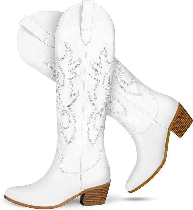 STALOV Embroidered Cowboy Boots for Women, Fashion Western Pointed Toe Chunky Heel Pull-On Knee H... | Amazon (US)