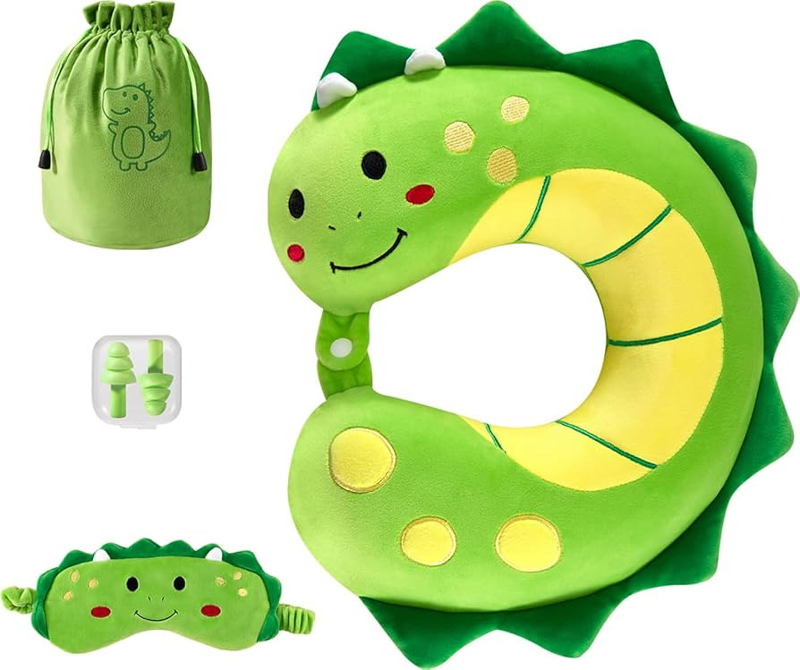 Travel Neck Pillow for Kids, Dinosaur Memory Foam Pillow with Cute Sleep Mask & Earplugs, Lightwe... | Amazon (US)