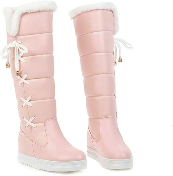 Women's Winter Warm Knee High Down Snow Boots Waterproof Cross-Tied Hidden Wedges Platform Boots | Amazon (US)