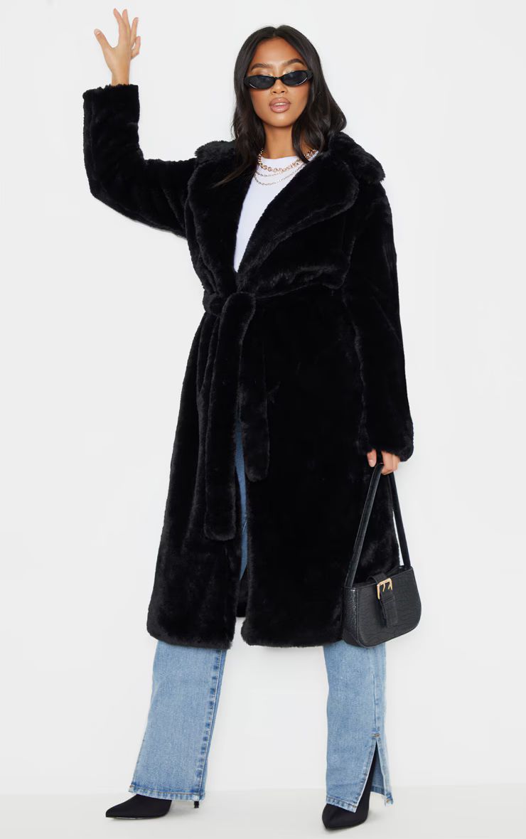 Petite Black Belted Faux Fur Coat | PrettyLittleThing US