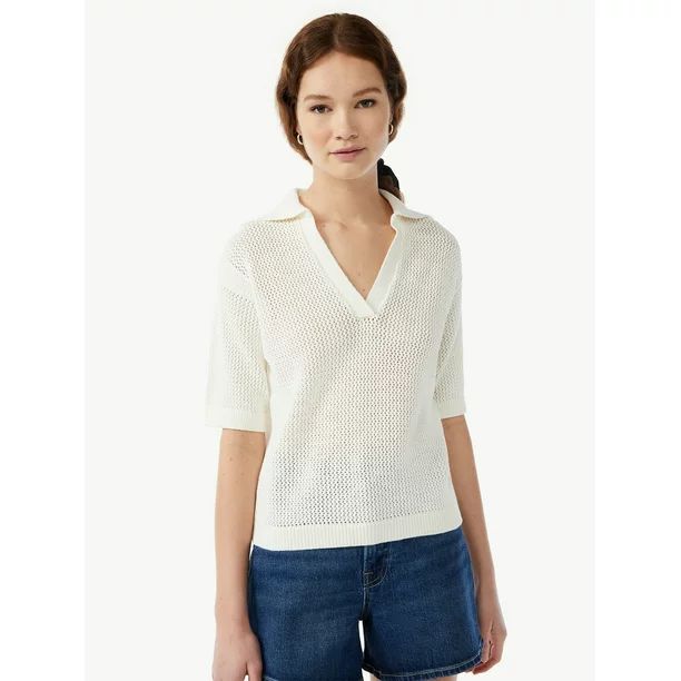 Free Assembly Women's Crochet Polo Sweater with Short Sleeves - Walmart.com | Walmart (US)