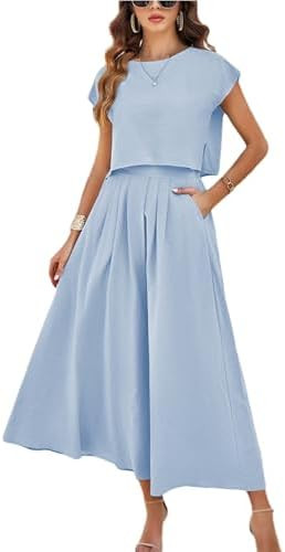 HangNiFang Summer Skirt Sets Women 2 Piece Outfits Cap Sleeve Top Elastic Waist Maxi Dress Sets w... | Amazon (US)
