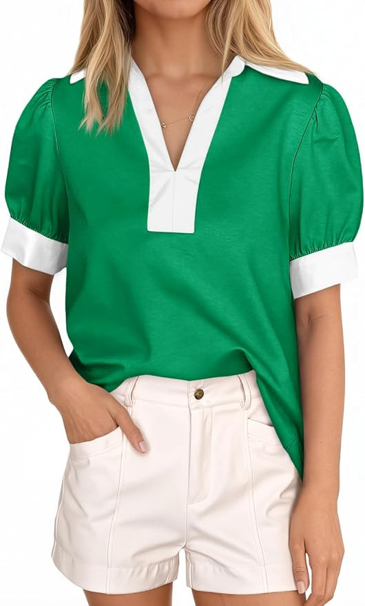 Tankaneo Womens Short Puff Sleeve Tops Summer Casual Color Block Blouses Lapel V Neck Loose Polo ... | Amazon (US)