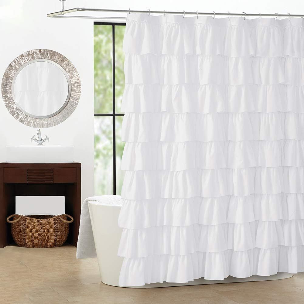 WestWeir White Ruffle Shower Curtain - Farmhouse Cloth Bathroom 72 x 72 Inches Texture Fashion | Amazon (US)