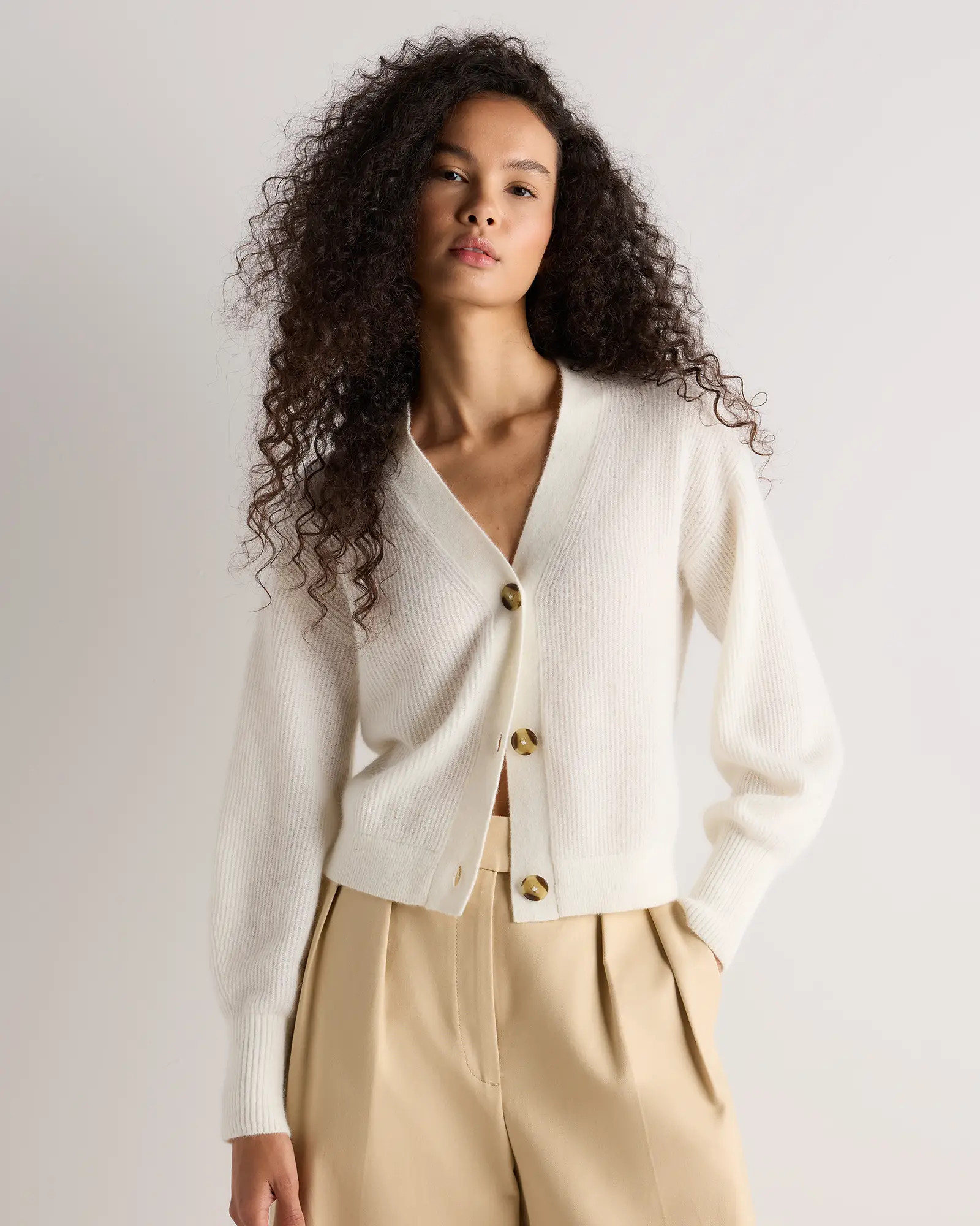 Lightweight Baby Alpaca Cropped V-Neck Cardigan in Stone Ivory | Quince