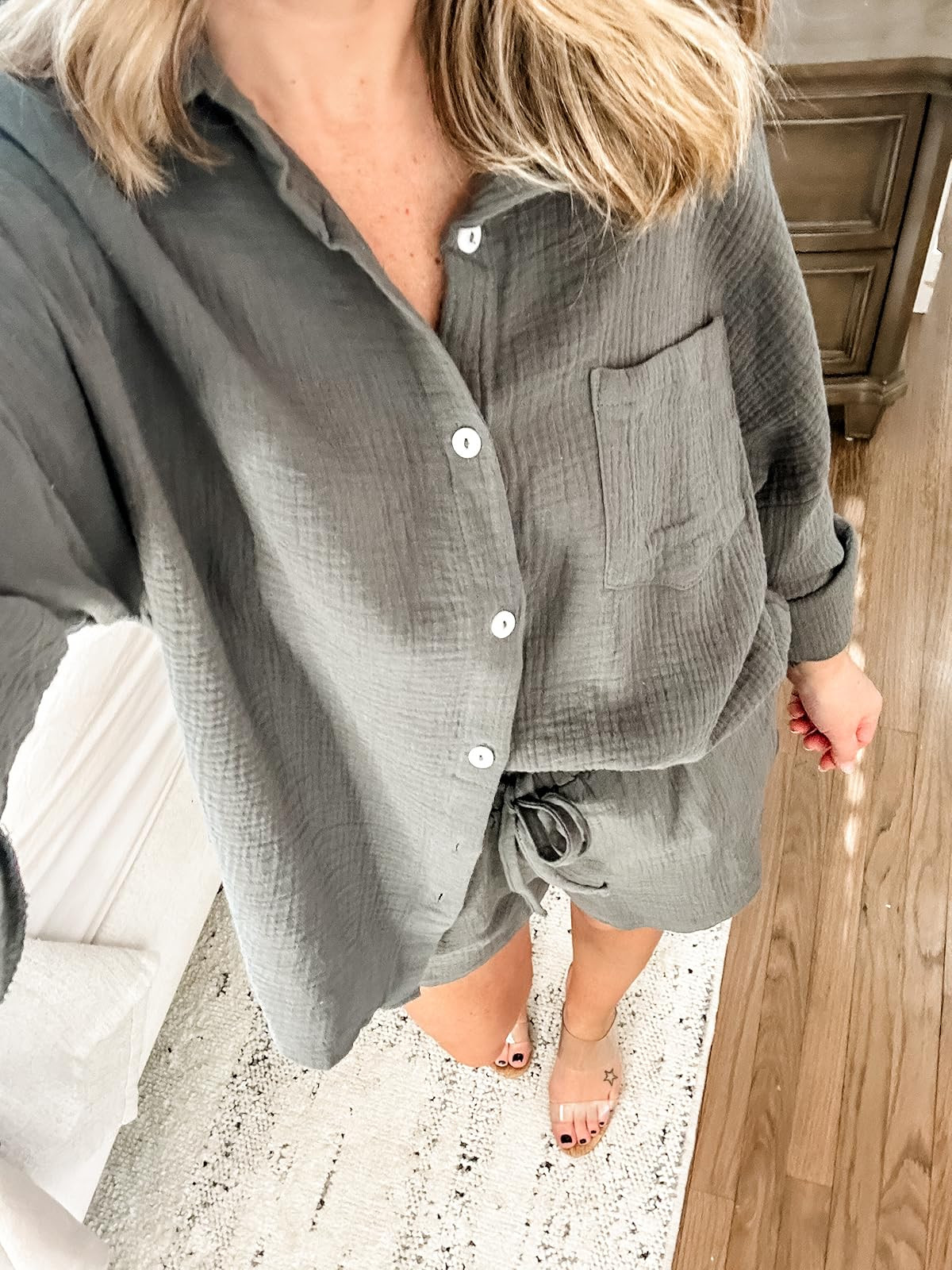 AUTOMET 2 Piece Outfits For Women Lounge Sets Pajama Sets Long Sleeve Button Down Oversized Shirts And Shorts Fall Tracksuit | Amazon (US)