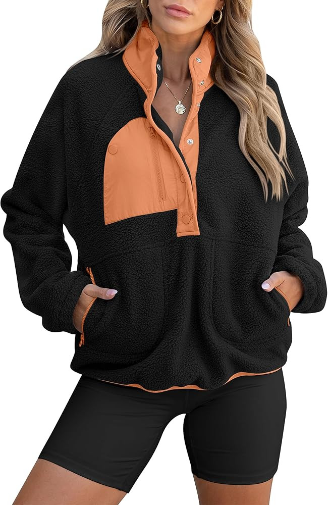 ANRABESS Women Fuzzy Fleece Pullover Sherpa Sweatshirt Long Sleeve Button Down Warm Soft Loose Sw... | Amazon (US)