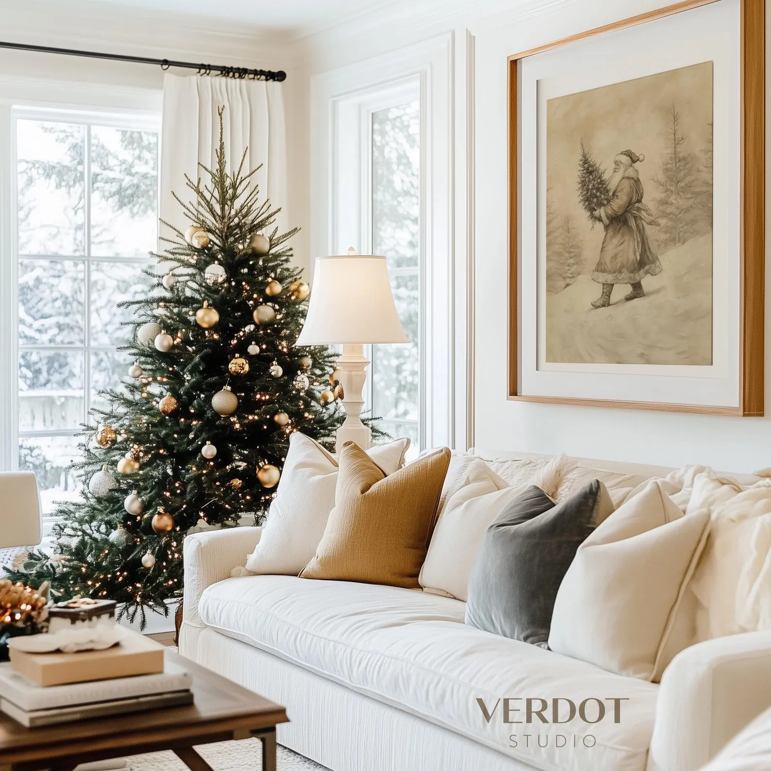 Vintage Christmas Santa Print, Christmas Decor, Printable Wall Art, Neutral Santa Holding Tree Dr... | Etsy (US)