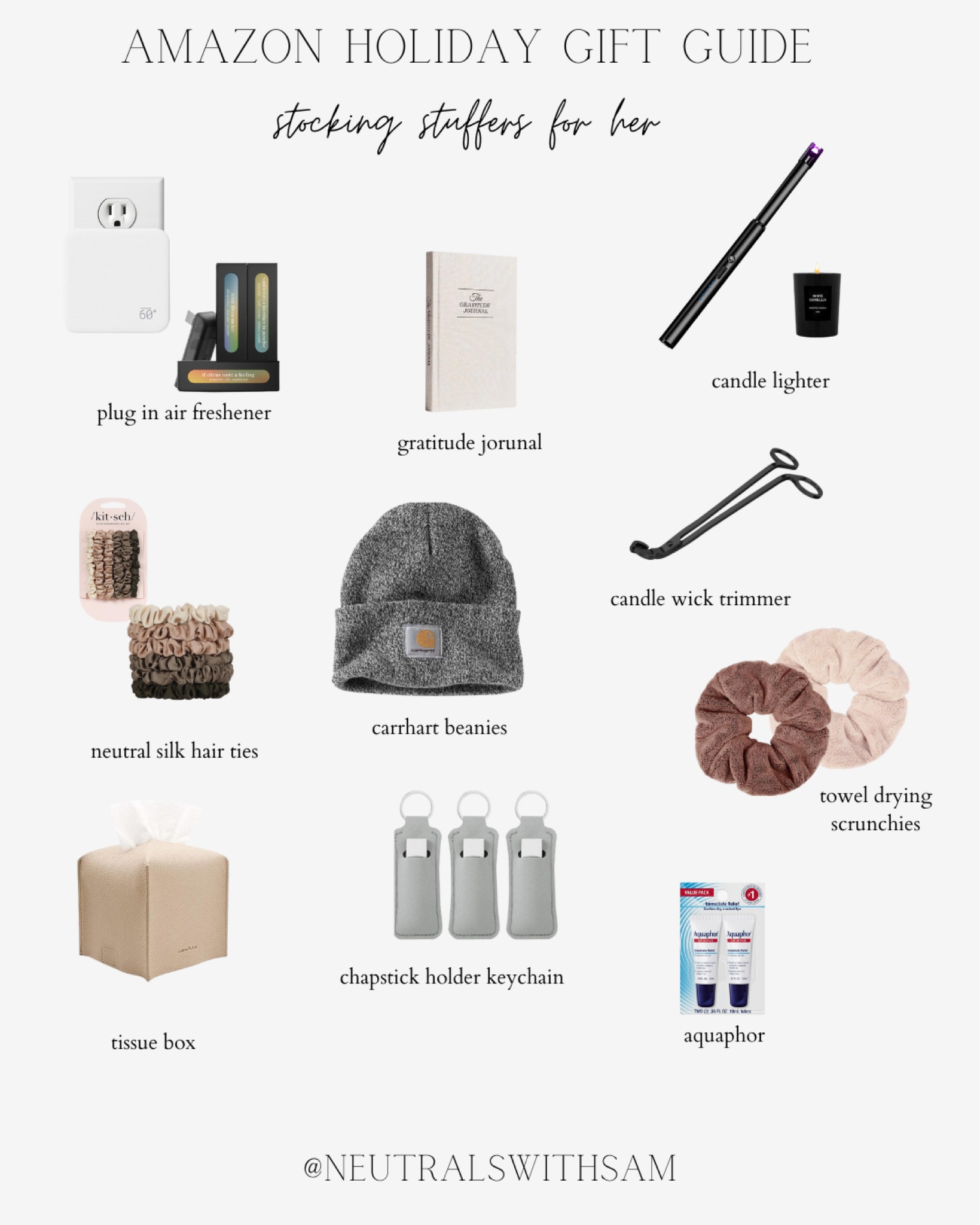 Stocking stuffers for her from Amazon! 

Tissue box, air fragrance, hair ties, beanie, gratitude journal, candle lighter, chapstick holder 

#LTKGiftGuide #LTKFindsUnder50 #LTKHome