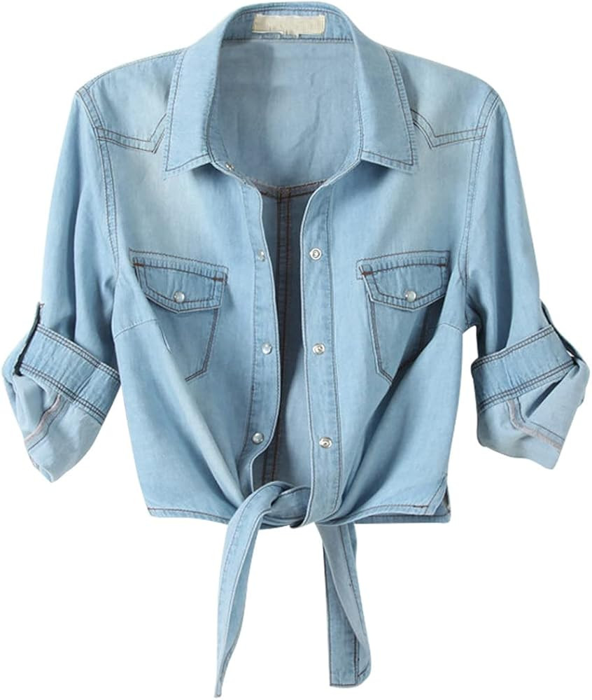 SeekMe Womens Modern Denim Shirts Tie Front Crop Top Chambray Jean Shirts | Amazon (US)