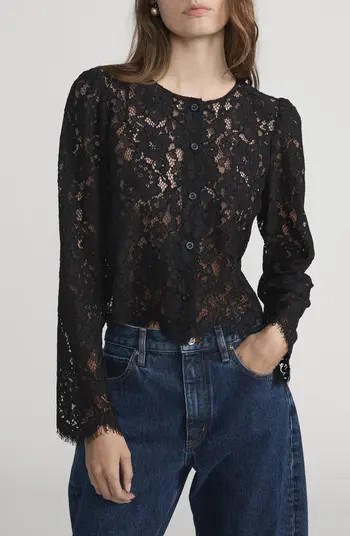 Sheer Crop Organic Cotton Blend Eyelash Lace Button-Up Shirt | Nordstrom