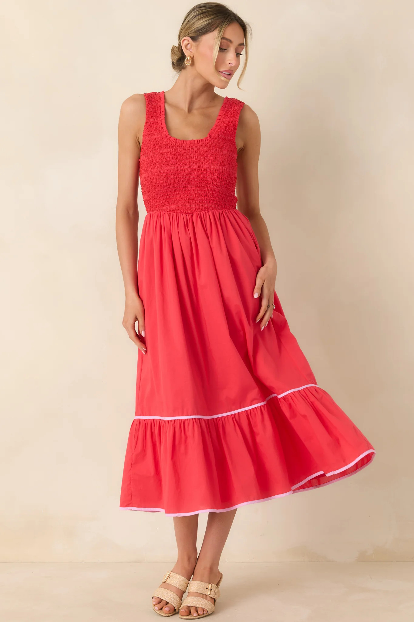 Today’s the Day Red Textured Cotton Tiered Midi Dress | Red Dress