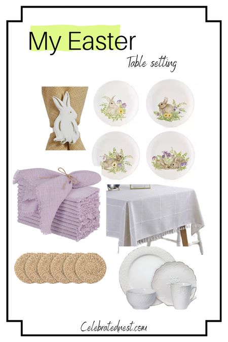 Easter table setting - bunny dishes, cloth napkins, cloth table cloth, bunny napkin rings, hyacinth chargers, scallop dishes 

*napkin rings and bunny dishes are on sale! 

#LTKSale #LTKhome #LTKstyletip