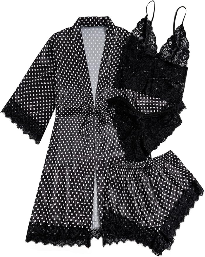 WDIRARA Women' Silk Satin Pajamas Set 4pcs Lingerie Floral Lace Cami Sleepwear with Robe | Amazon (US)