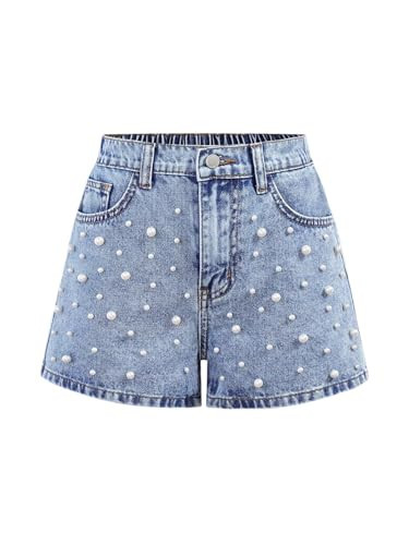 SweatyRocks Girl's Pearl Beaded Denim Shorts Straight Leg Elastic Waist Jean Shorts with Pockets Light Wash 10Y | Amazon (US)