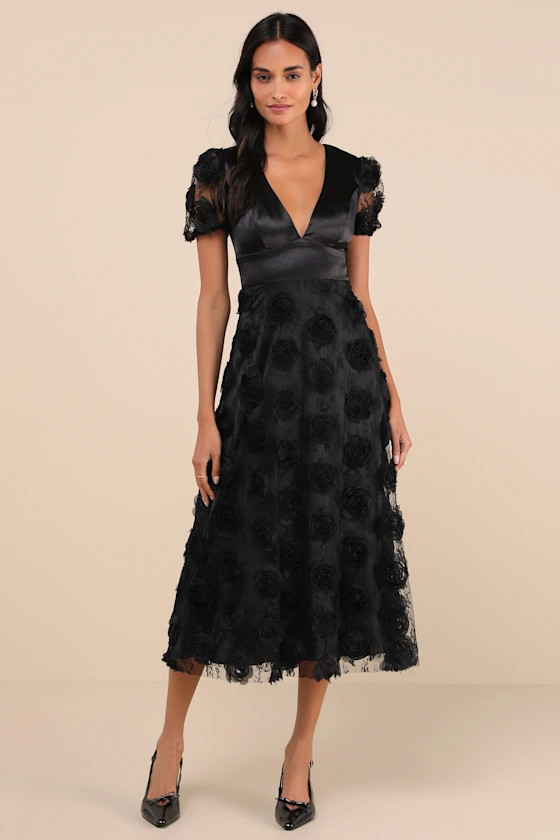 Gorgeous Elevation Black Lace Rosette Puff Sleeve Midi Dress | Lulus