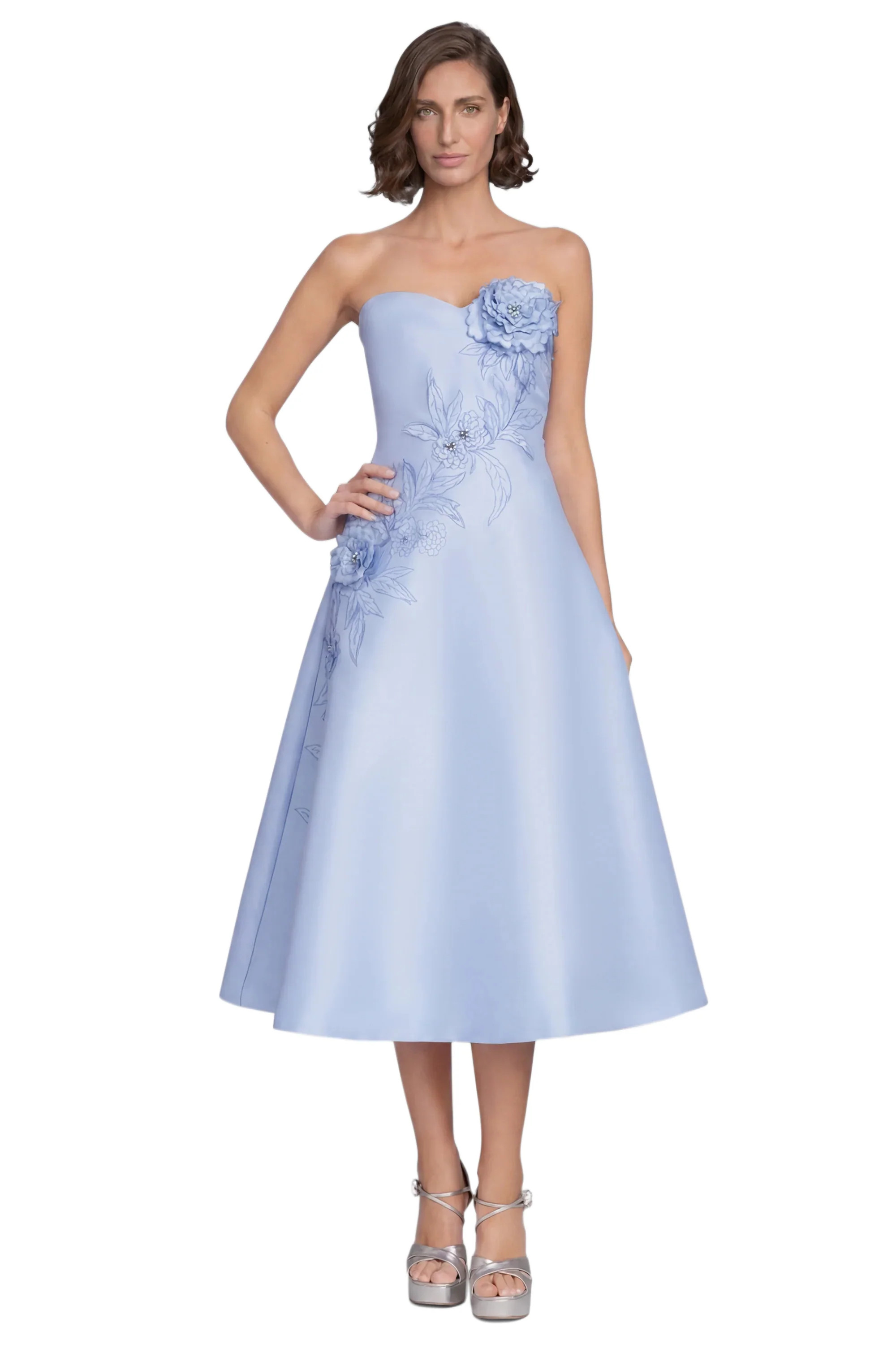 Strapless 3D Floral A-Line Midi Dress by Badgley Mischka | Badgley Mischka