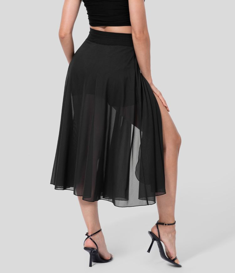 High Waisted Drawstring Contrast Mesh 2-in-1 Side Pocket Flowy Midi Flare Casual Skirt | HALARA