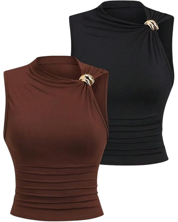 Floerns Women's 2 Piece Sleeveless Tank Top Metal Mock Neck Casual Ruched Camisole | Amazon (US)
