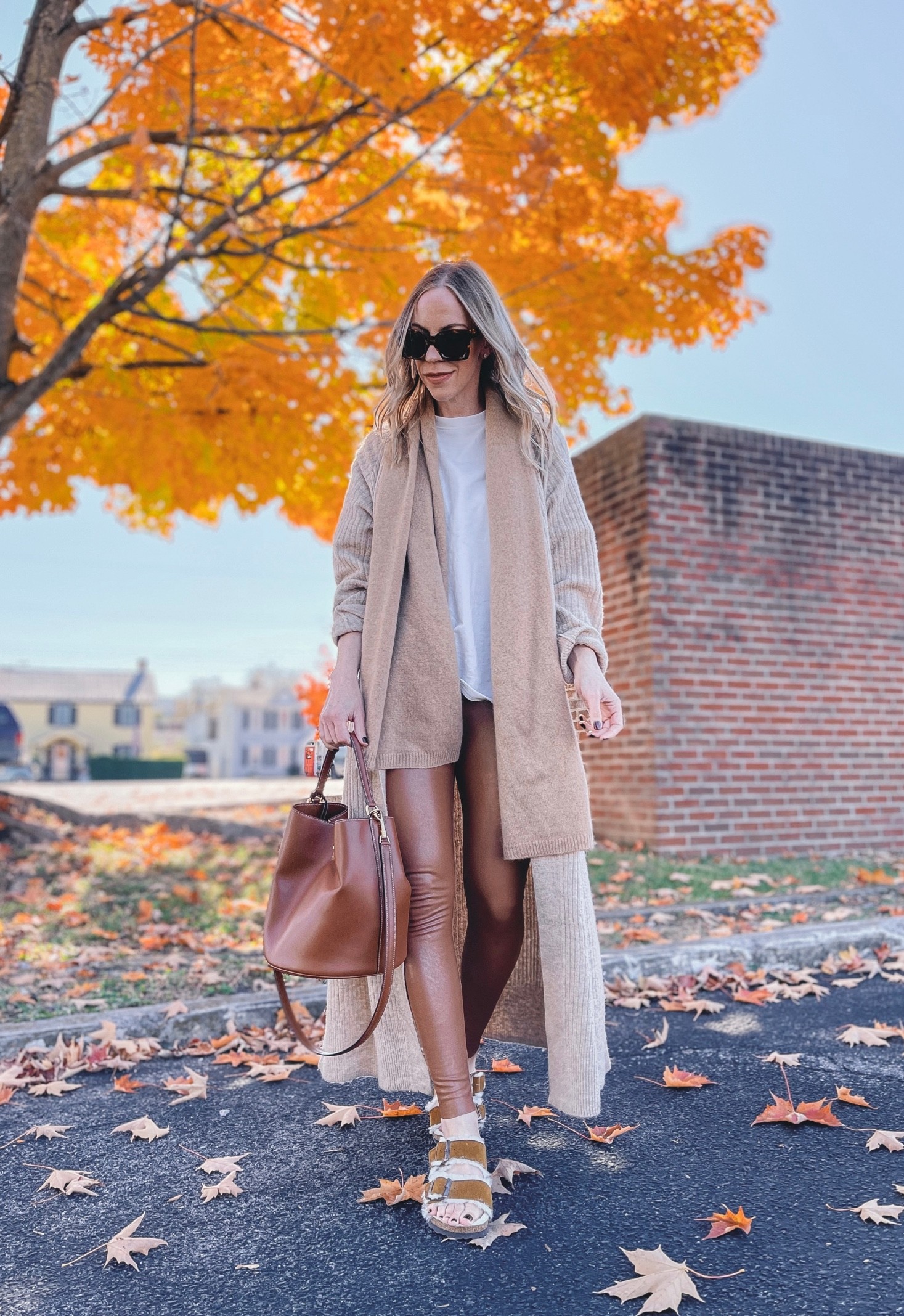 Cozy casual fall outfit idea, faux leather leggings, long cardigan, furry shearling Birkenstock sandals 

#LTKunder100 #LTKshoecrush #LTKstyletip
