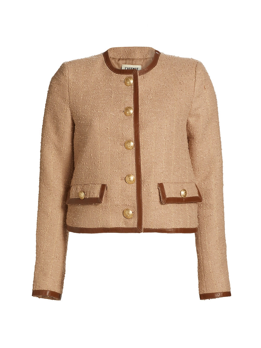 Women's Zaya Faux Leather-Trim Tweed Collarless Jacket - Cappuccino Gold Stripe - Size 6 | Saks Fifth Avenue
