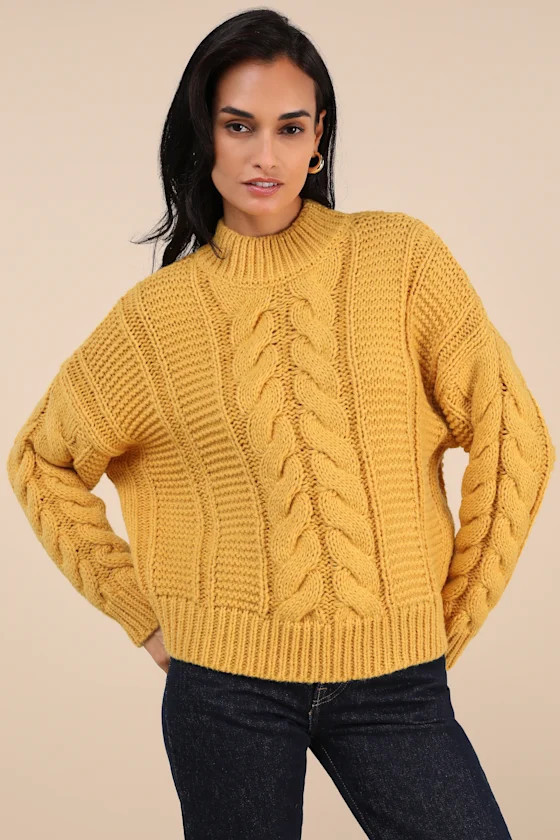 Timeless Warmth Mustard Yellow Cable Knit Pullover Sweater | Lulus
