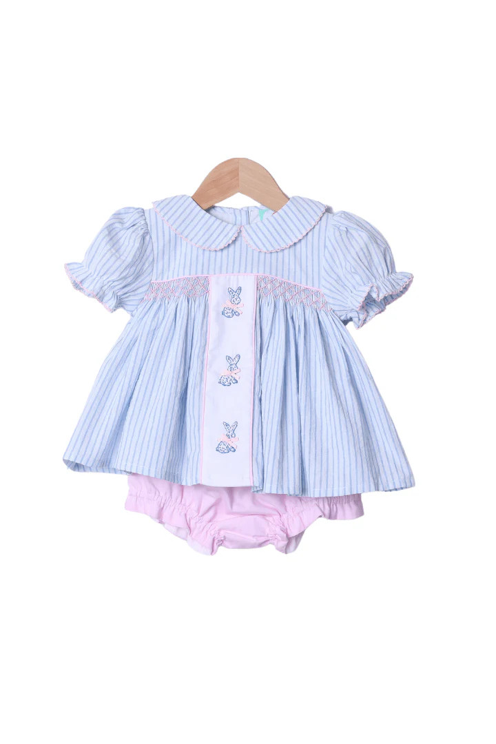 Embroidered Bunny Blue Pinstripe Bloomer Set | The Smocked Flamingo