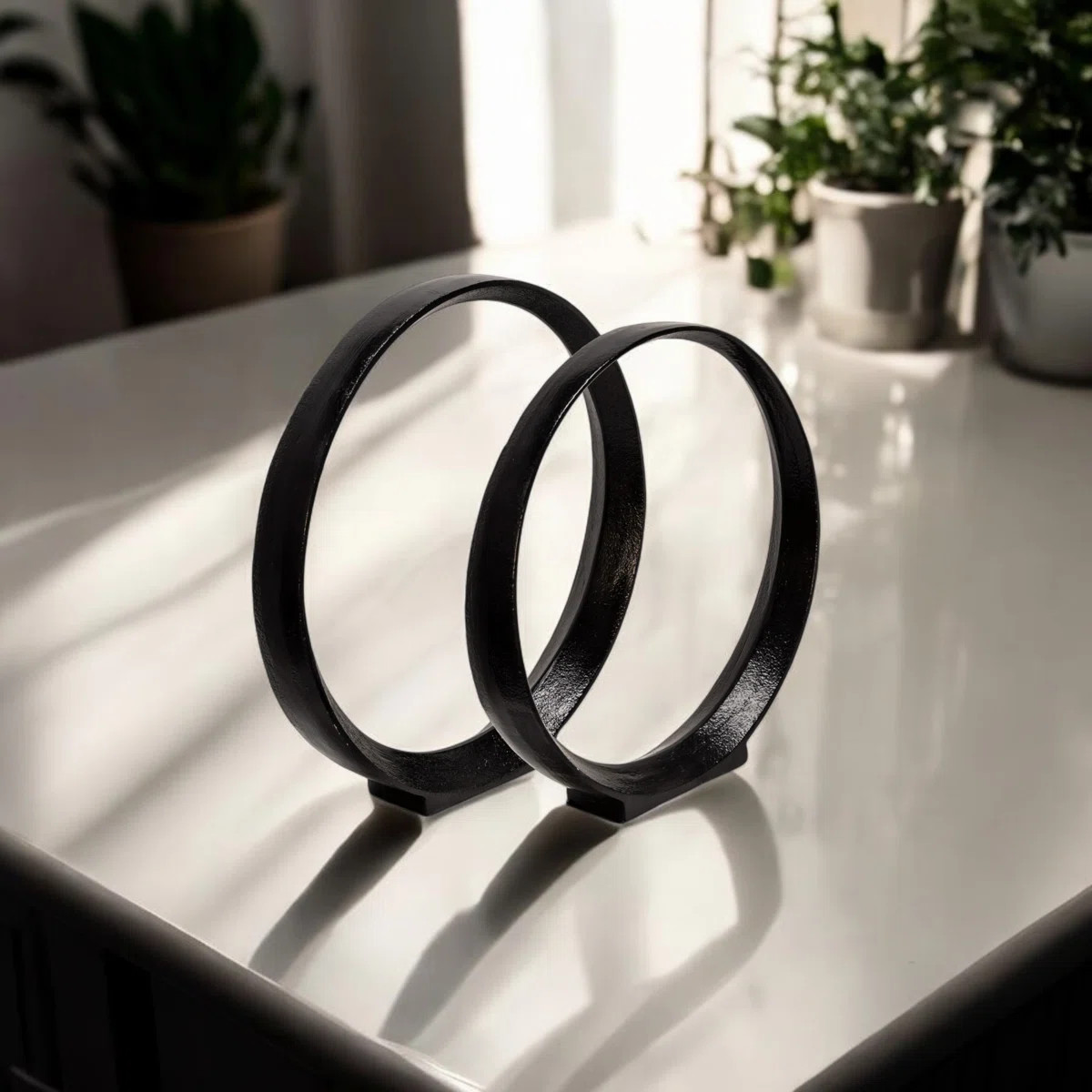 Set of 2 Metal Ring Sculptures - Modern Abstract Black Aluminum 12" and 14" Circular Sculpture | Wayfair North America