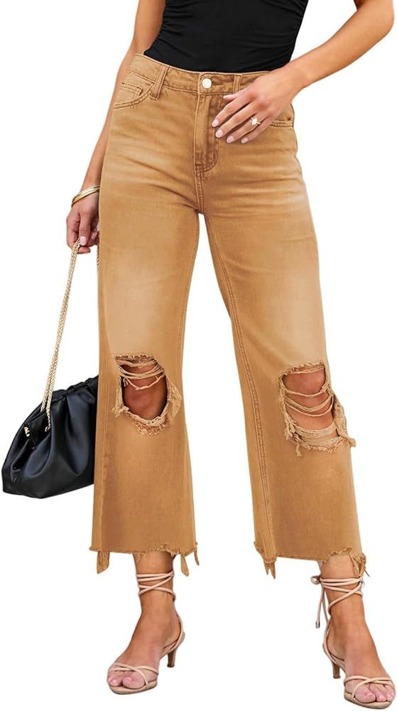 LOLONG High Waisted Ripped Flare Jeans for Women Casual Distressed Pants | Amazon (US)