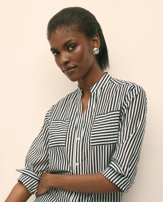 Brooks Brothers Women's Cotton-Silk Striped Blouse | Navy | Size Large | Brooks Brothers