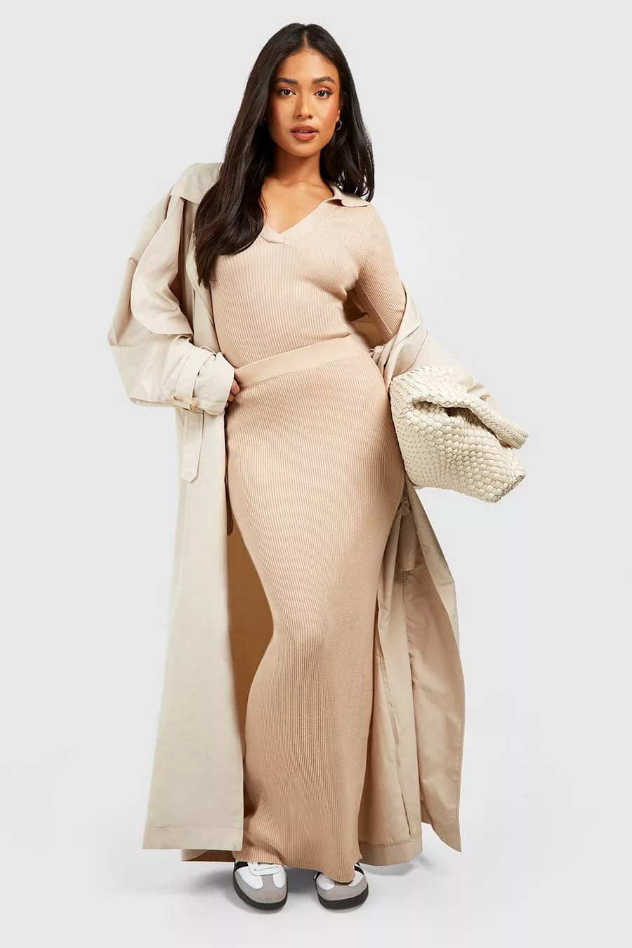 Petite Polo Collar Rib Knit Top And Maxi Skirt Set | boohoo (US & Canada)