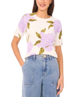 Women's Short-Sleeve Floral Crew Neck Sweater | Macy's