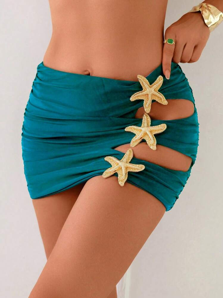 SHEIN Summer Women's Black Fitted Sexy Pleated Starfish Jewelry Beach Cover Shirt And Mini Skirt | SHEIN