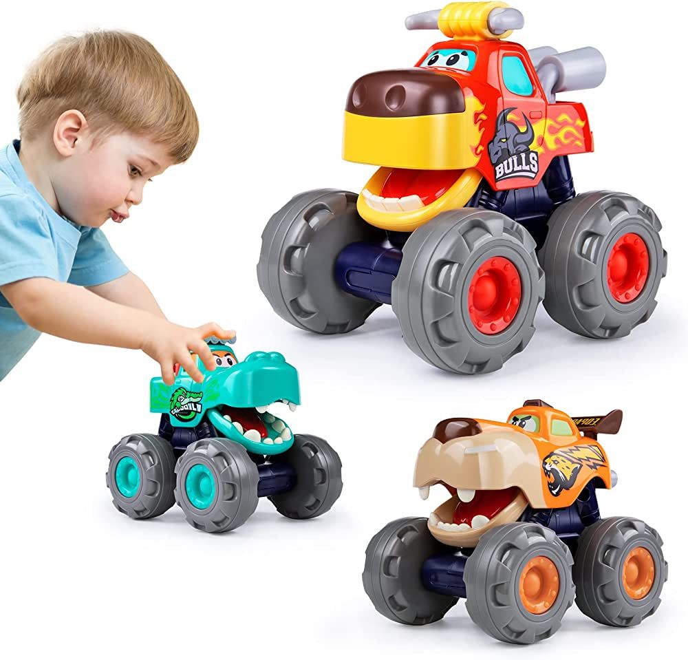 Toy Cars For 1 2 3 Year Old 3 Pack Monster truck Toy Push & Go Crocodile Friction Powered Bull Pu... | Amazon (US)