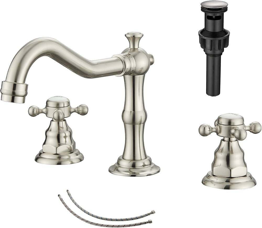 GGStudy 2 Handles 3 Holes Faucet Widespread Bathroom Sink Faucet Brushed Nickel Basin Tap Mixer F... | Amazon (US)