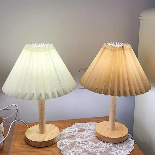 Porfeet Vintage Nightstand Lamp Wood Base Warm Lighting Lamp USB Charging Pleated Table Lamp for ... | Walmart (US)