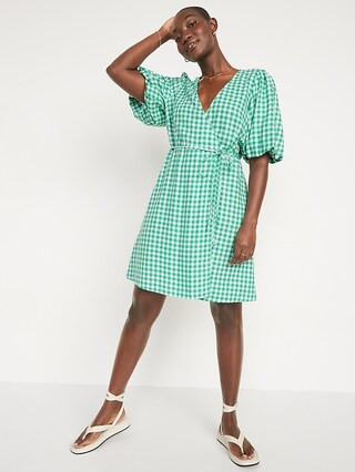 Waist-Defined Puff-Sleeve Gingham Mini Wrap Dress | Old Navy (US)