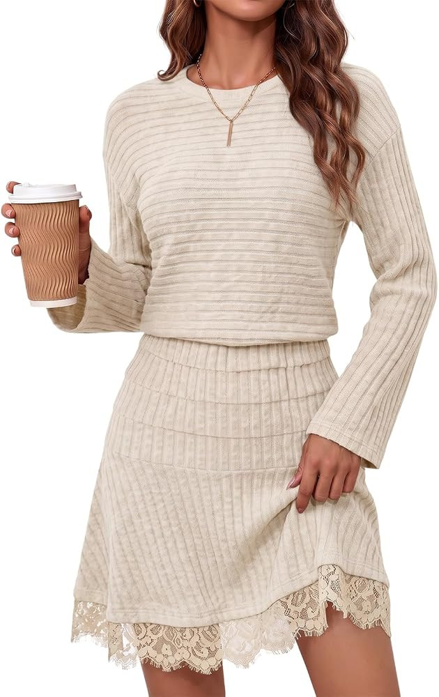 Wenrine Womens Sweater Mini Dress Fall Long Sleeve Ribbed Knit Dresses | Amazon (US)