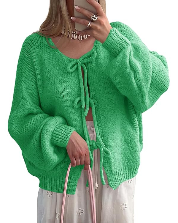 Saodimallsu Womens Tie Front Cardigan Sweaters Cute Bow Puff Long Sleeve 2025 Fall Loose Ribbed K... | Amazon (US)