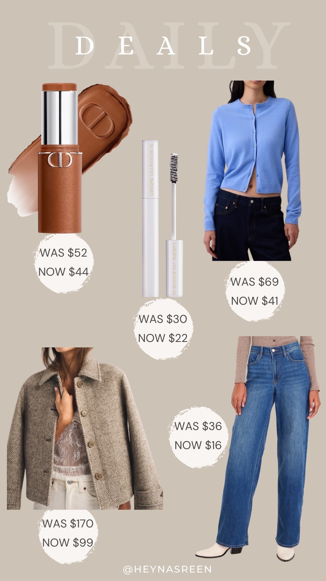Daily deals on Dior bronzing stick (medium tan), Gap cardigan, Old Navy jeans, Lancôme lash primer, Abercrombie coat 