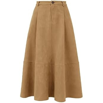 HERBATOMIA Women's Suede Midi Skirt High Waist Pleated Skirt with Pockets | Amazon (US)