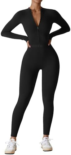 YEOREO Women Long Sleeve Workout Jumpsuit Zip Up Romper Bottom Pants Bodysuit Bodycon Sexy One Pi... | Amazon (US)