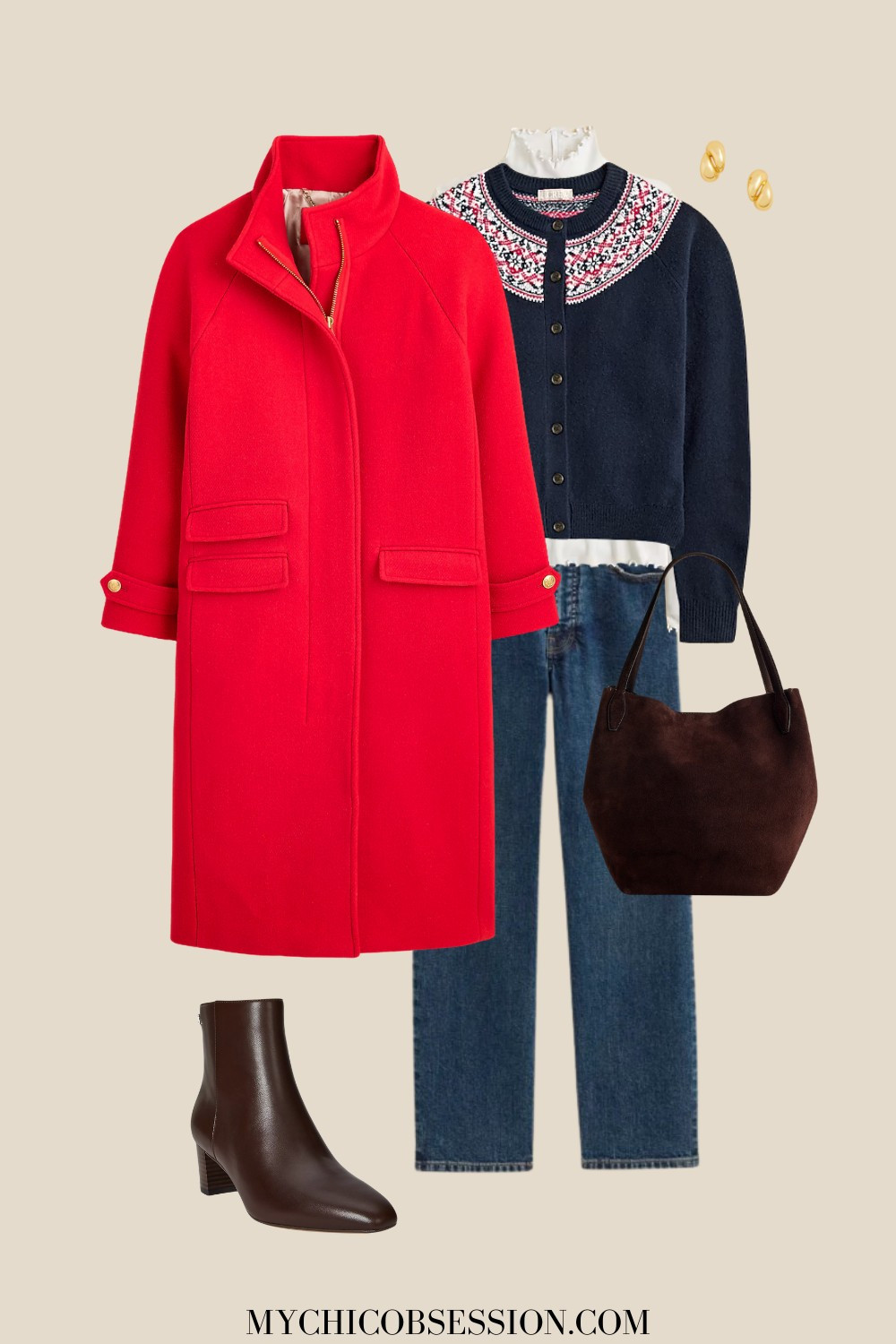 Style a layered look for winter with a bright red cocoon coat from J.Crew, a Fair Isle cardigan, a turtleneck, and classic denim. Accessorize with a suede bag and ankle boots! 

 #LTKSeasonal