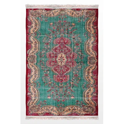 Vintage Distressed Style Turquoise Woven Base Machine Washable Rug | Wayfair North America