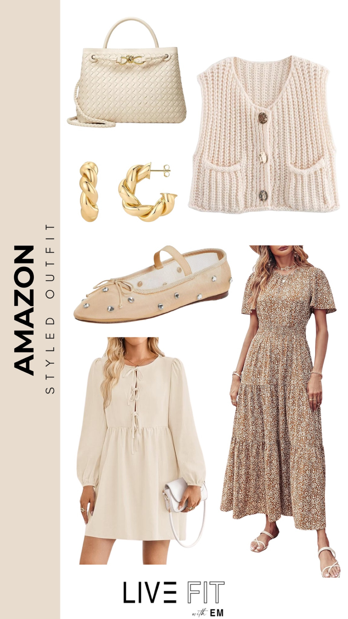 Dress up in Amazon's latest fashion finds! From the chic, knitted vest that pairs perfectly with both dresses, to the luxurious woven bag and eye-catching gold twist earrings, every piece in this collection spells elegance. Step out in the embellished flats for a hint of sparkle. Whether it's the soft cream dress for a day out or the flowy floral maxi for an evening event, these styles ensure you look polished and stylish. Embrace the charm of these affordable and versatile Amazon picks to elevate your wardrobe this season! #AmazonFashionFinds #StyleOnABudget #OOTD

#LTKStyleTip #LTKSeasonal #LTKFindsUnder50