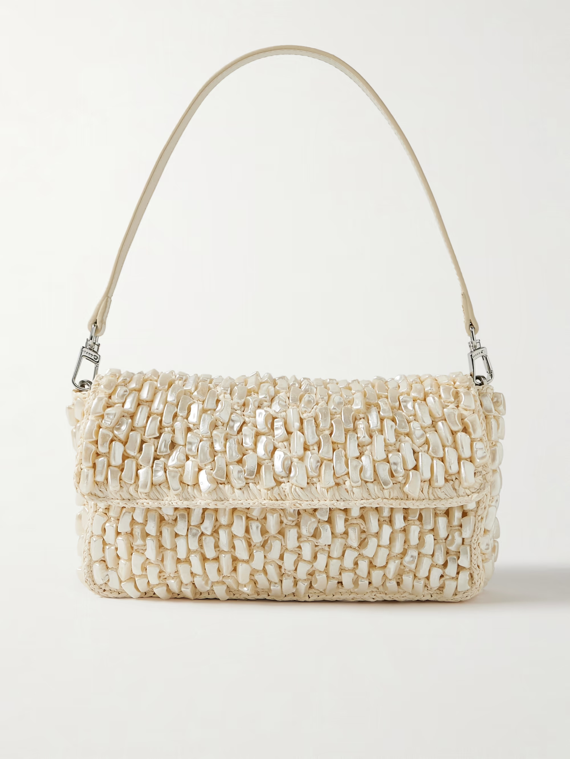 Timmy leather-trimmed faux pearl-embellished raffia shoulder bag | NET-A-PORTER (US)