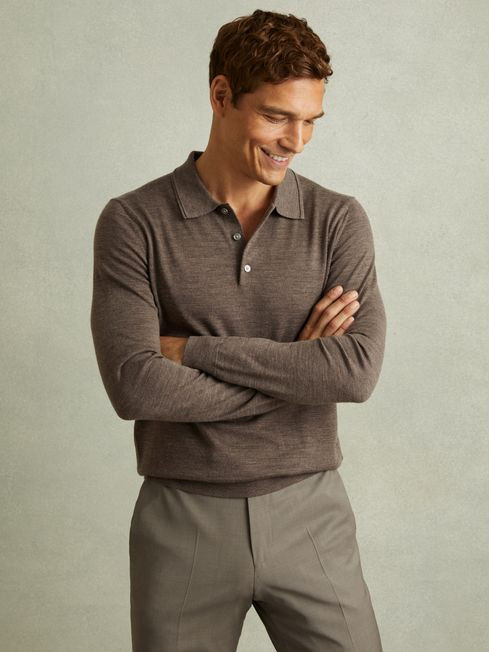 Merino Wool Polo Shirt in Dark Brown Melange | Reiss UK