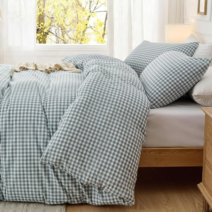 KKJIAF 2 Pcs Twin Gingham Duvet Cover Set 68" x 90", Dusty Blue Plaid | Amazon (US)